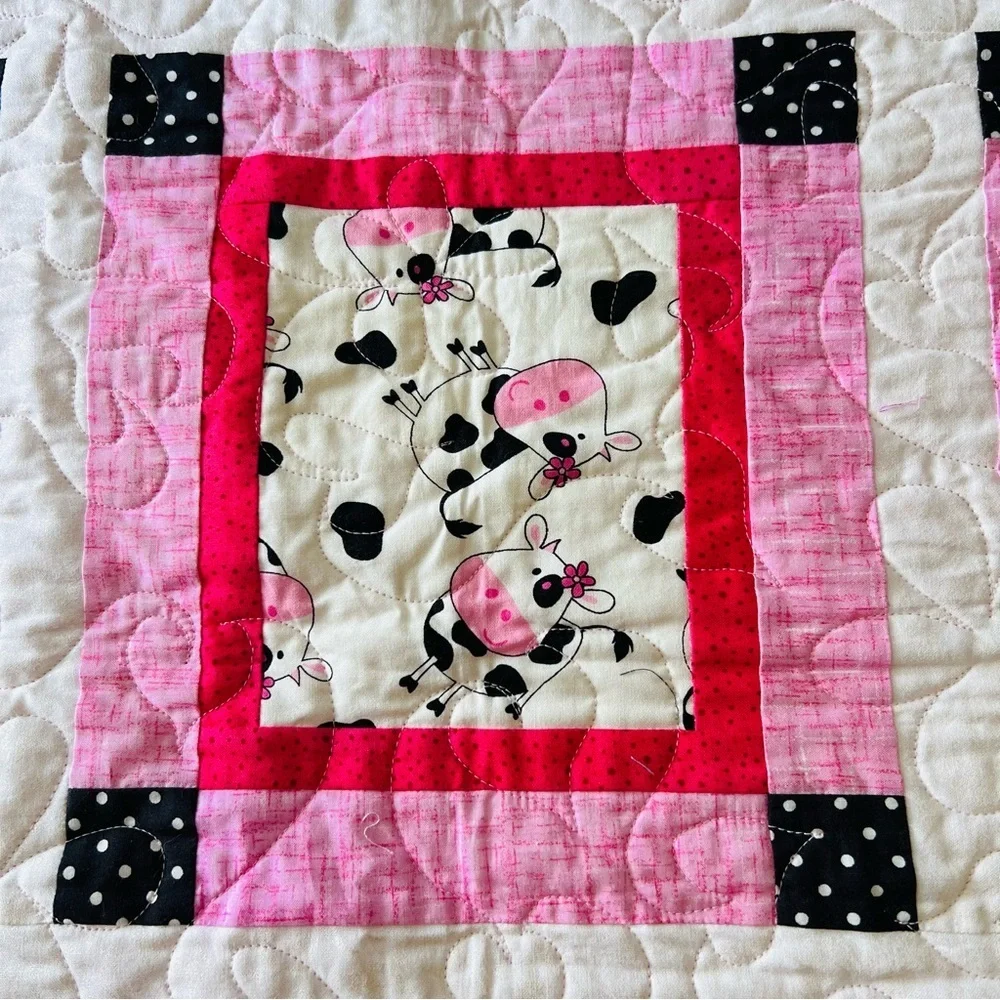 Happy Cows Handmade Quilt 46x62 Pink Black White Cotton Patchwork 🐮💗